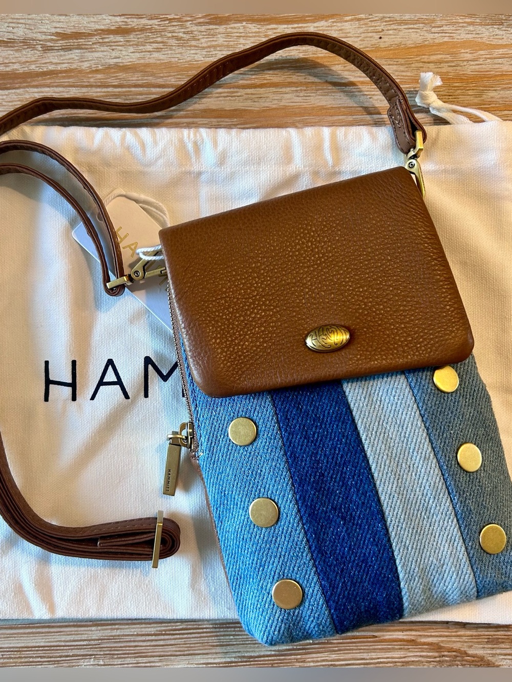 Hammitt Brown Leather & Blue Stripe Denim Crossbody